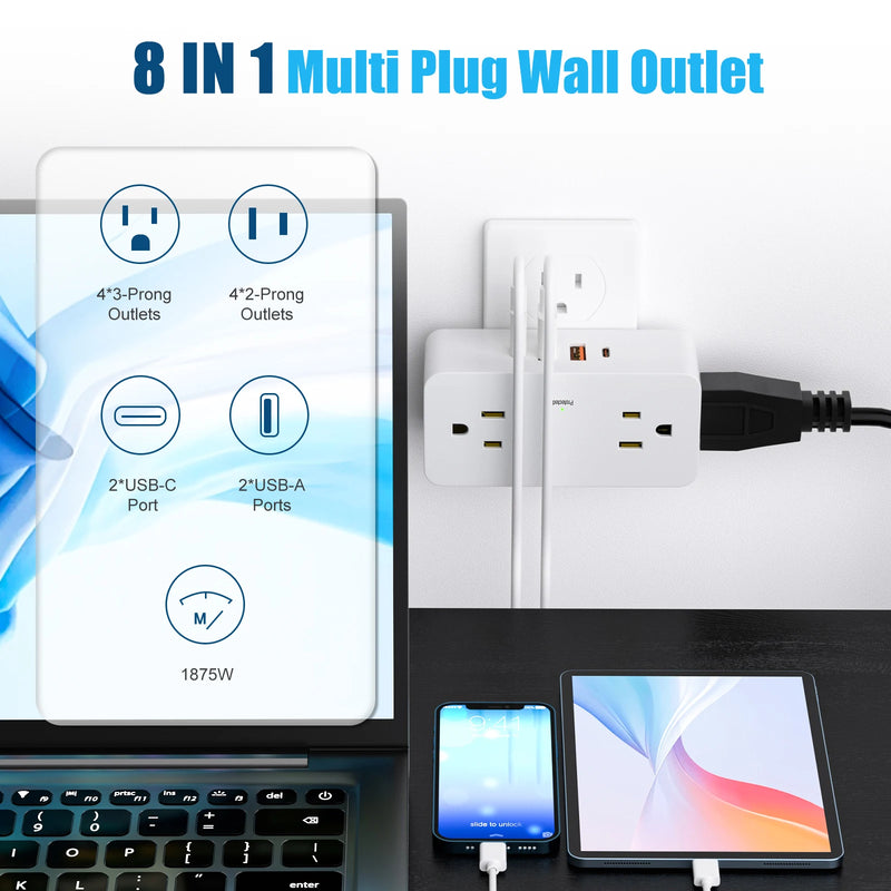 8-Outlet Wall Power Hub with USB-C and USB-A Ports and Surge Protection