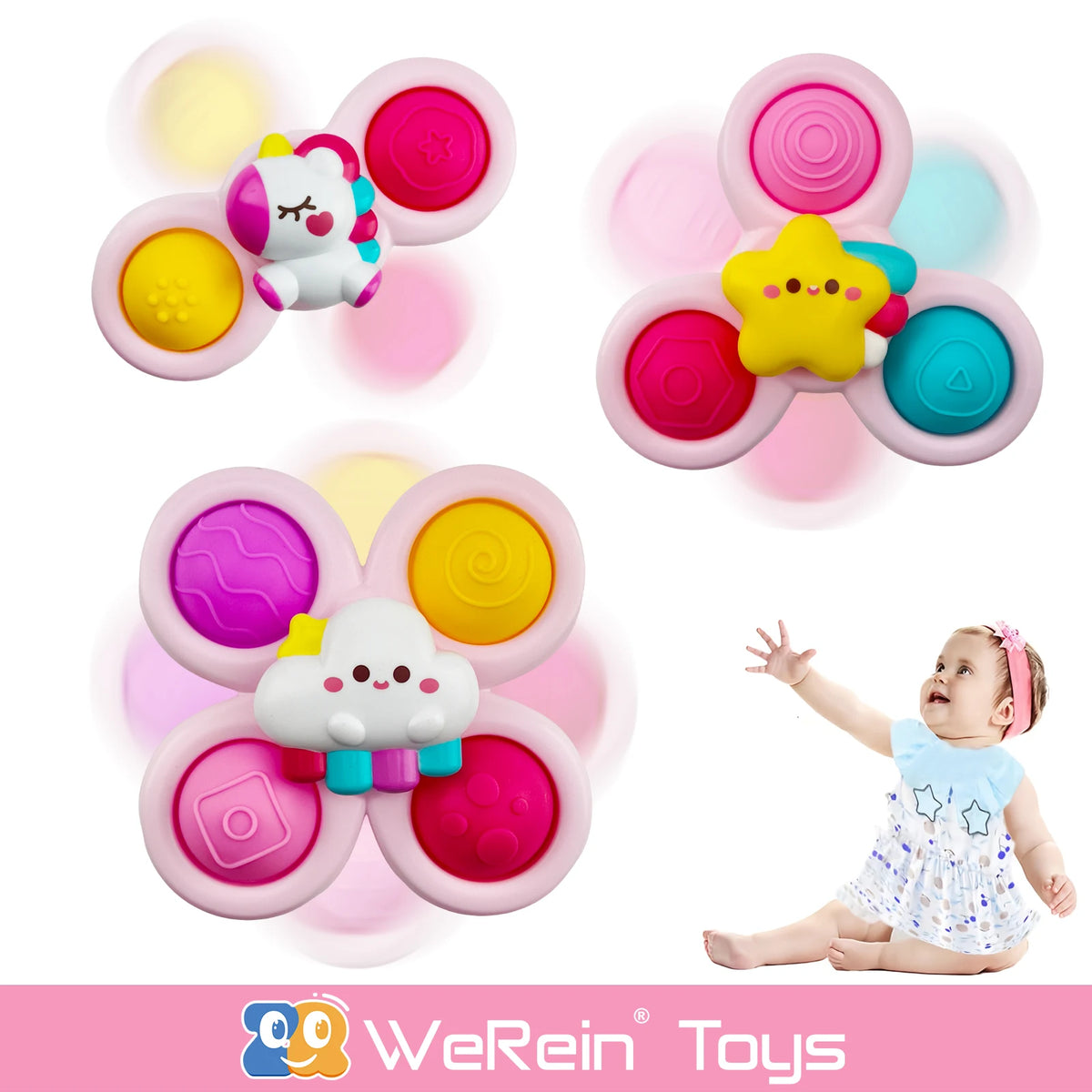 A set of pink suction cup spinner sensory toys featuring various shapes and colors like a white bear, yellow star, and a clou