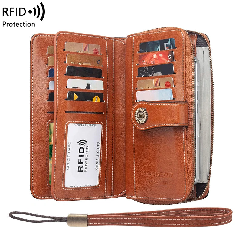 Vintage RFID-Blocking Large Capacity Wallet with Wrist Strap