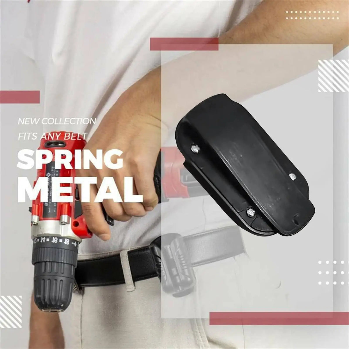 A hand wearing a belt clip holster for a tool, demonstrating the fits-any-belt feature.