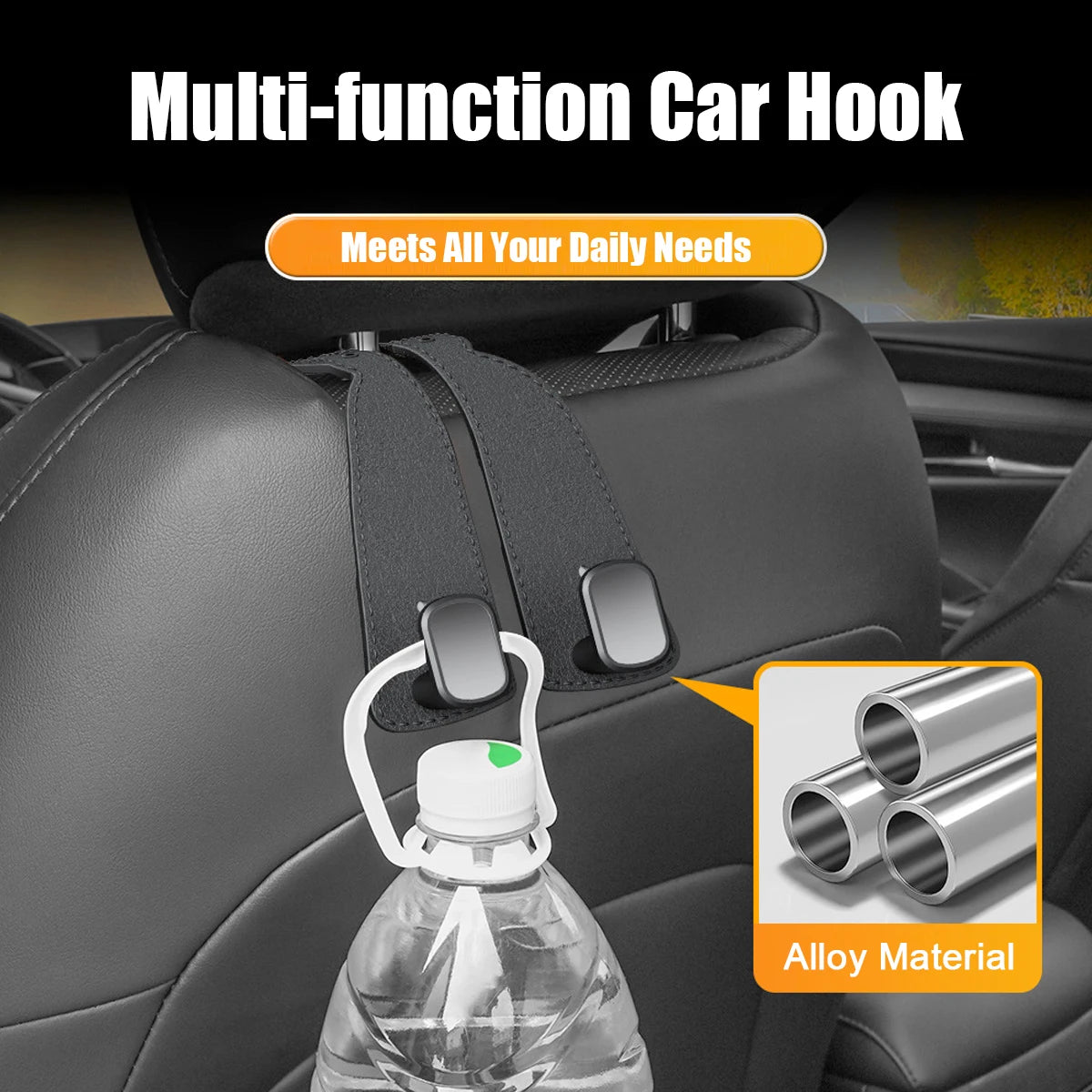 A multi-function car hook made of alloy material is shown attached to a car seat headrest, used for organizing items like wat