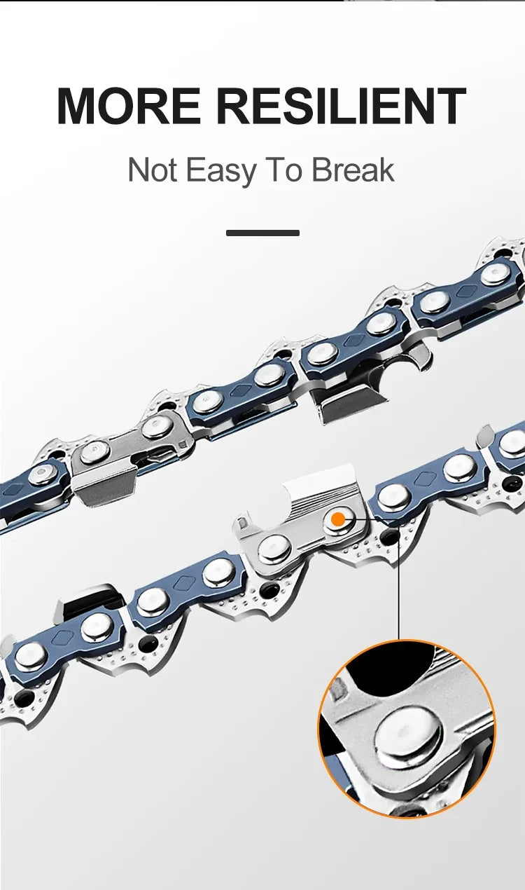 Close-up view of a resilient replacement chainsaw chain with metal links and a small orange component.