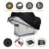 A silver heavy duty waterproof grill cover is shown open, with various features like UV protection and windproof design.