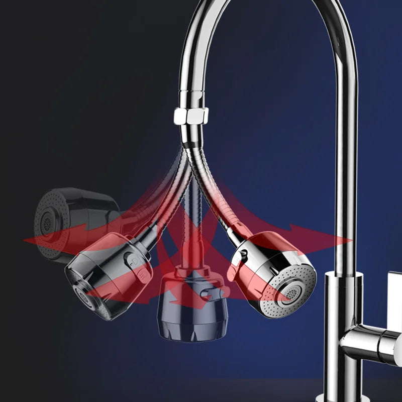 A close-up view of a chrome kitchen faucet adapter with multiple rotating spray heads and flow settings.