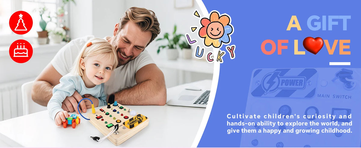 Montessori Wooden Busy Board with LED Switch Controls