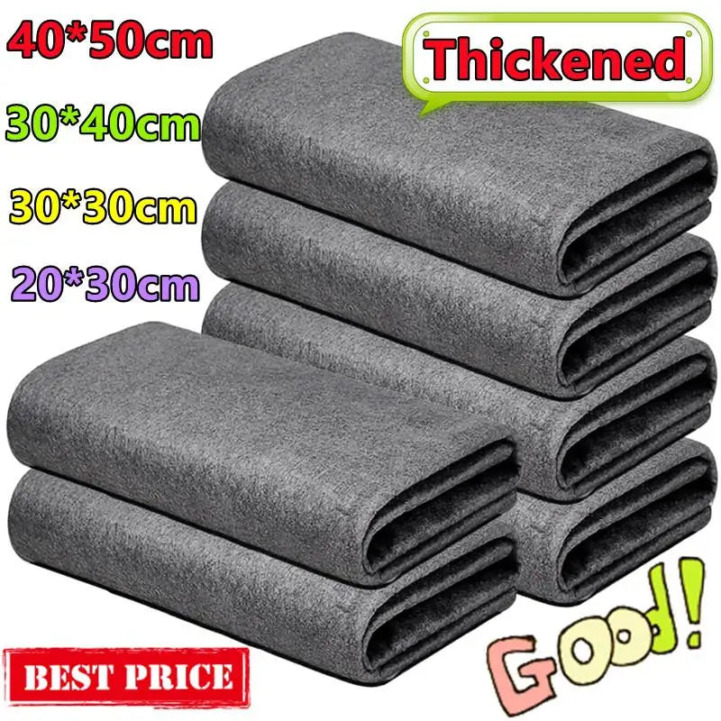 A stack of gray thickened microfiber cleaning cloths in various sizes, including 40x50cm, 30x40cm, 30x30cm, and 20x30cm.