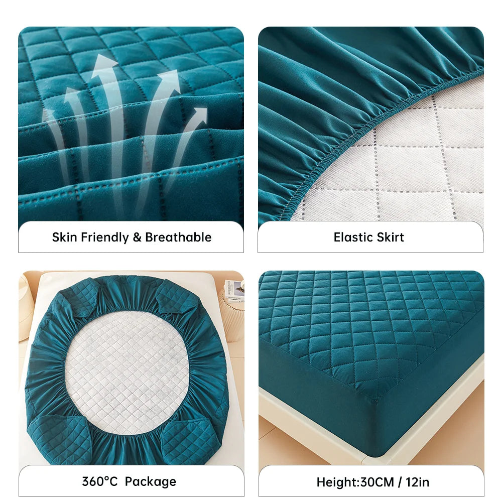 Türkise gesteppte elastische Skirt-Matratzen-Schutz in verschiedenen Ansichten und Verpackungsdetails.