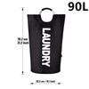 Black collapsible laundry basket with a handle and size dimensions listed.