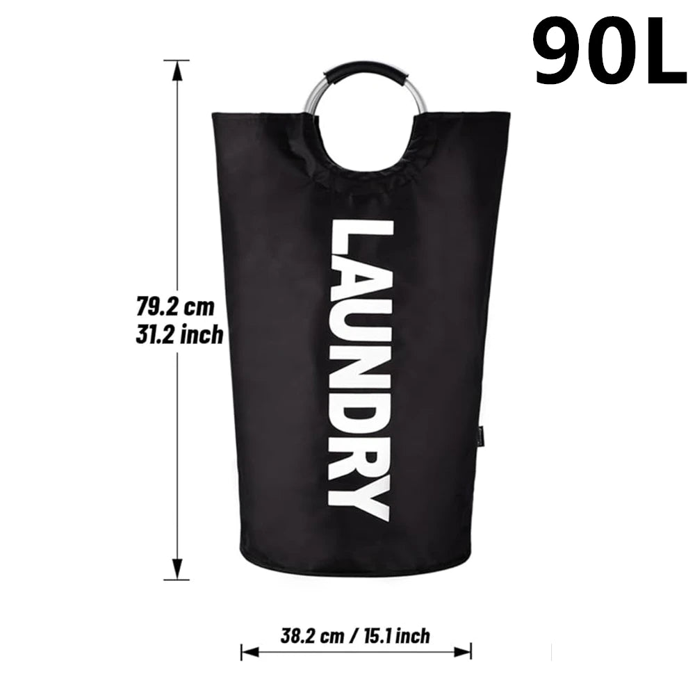Black collapsible laundry basket with a handle and size dimensions listed.