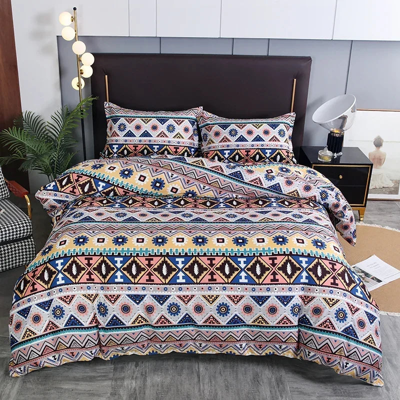 Boho striped geometric duvet cover set featuring intricate patterns in blue, pink, and cream colors.