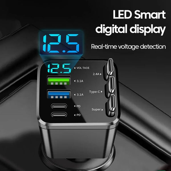 Gros plan d'un écran numérique LED intelligent affichant 12,5 volts sur un chargeur de voiture portable.