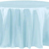 Elegant light blue satin tablecloth draped on a round table for events