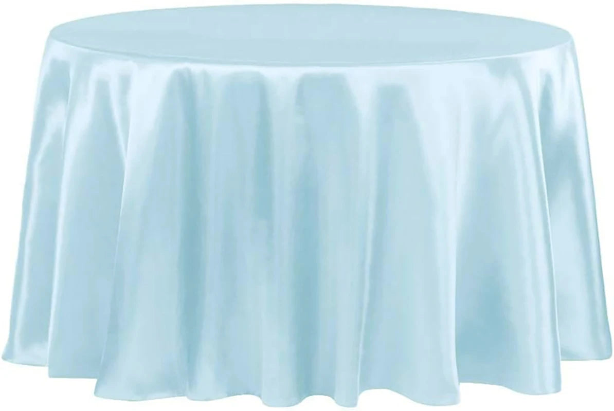 Elegant light blue satin tablecloth draped on a round table for events
