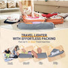 Fillable hooded travel pillow with storage bag shown next to packing items like rolled clothes, stuff, zip, and clip.