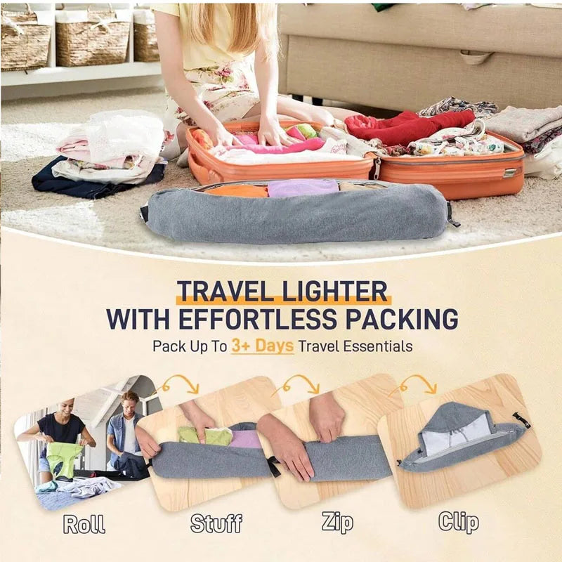 Fillable hooded travel pillow with storage bag shown next to packing items like rolled clothes, stuff, zip, and clip.