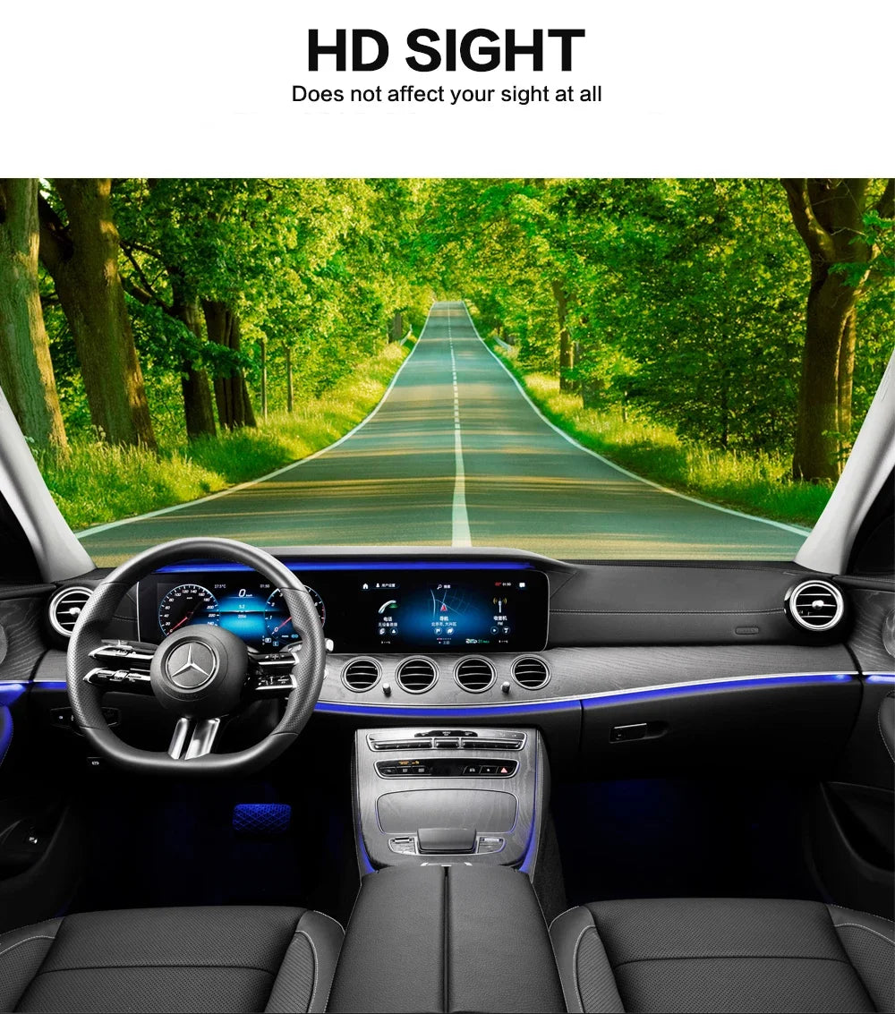 Interior view of a car showing the HD Sight feature and premium window tint film installation.