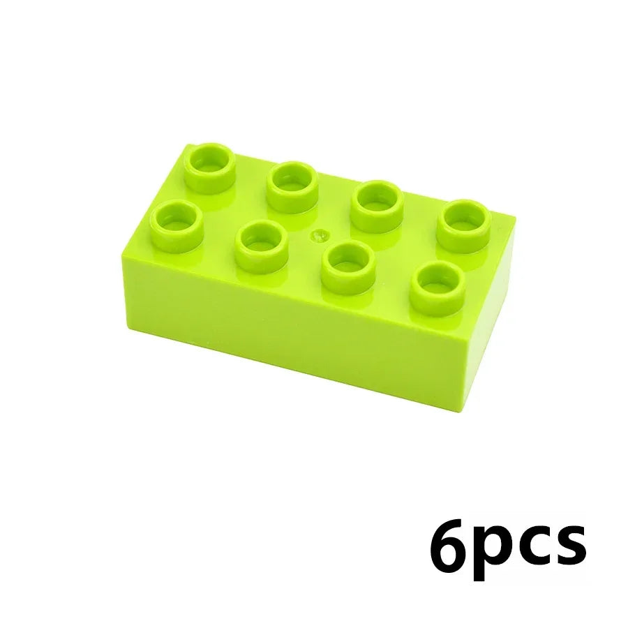 A rectangular block of lime green plastic with six protruding circular holes, showing six individual parts.