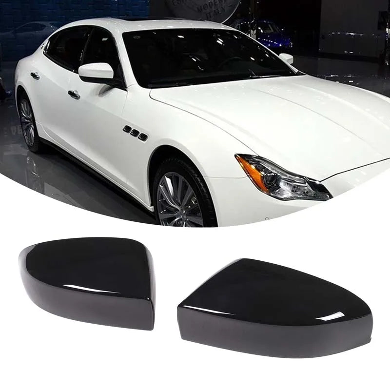 Black carbon fiber side mirror covers for a white Maserati Ghibli or Quattroporte car.
