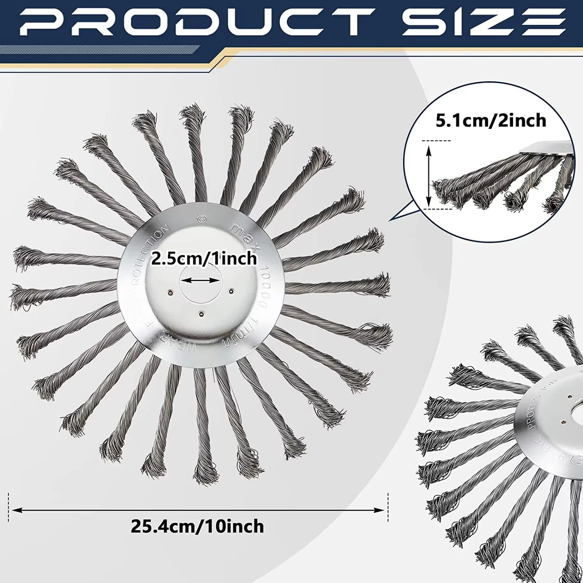 A close-up view of a heavy-duty steel wire wheel brush with 25.4cm diameter and 5.1cm/2-inch bristles.
