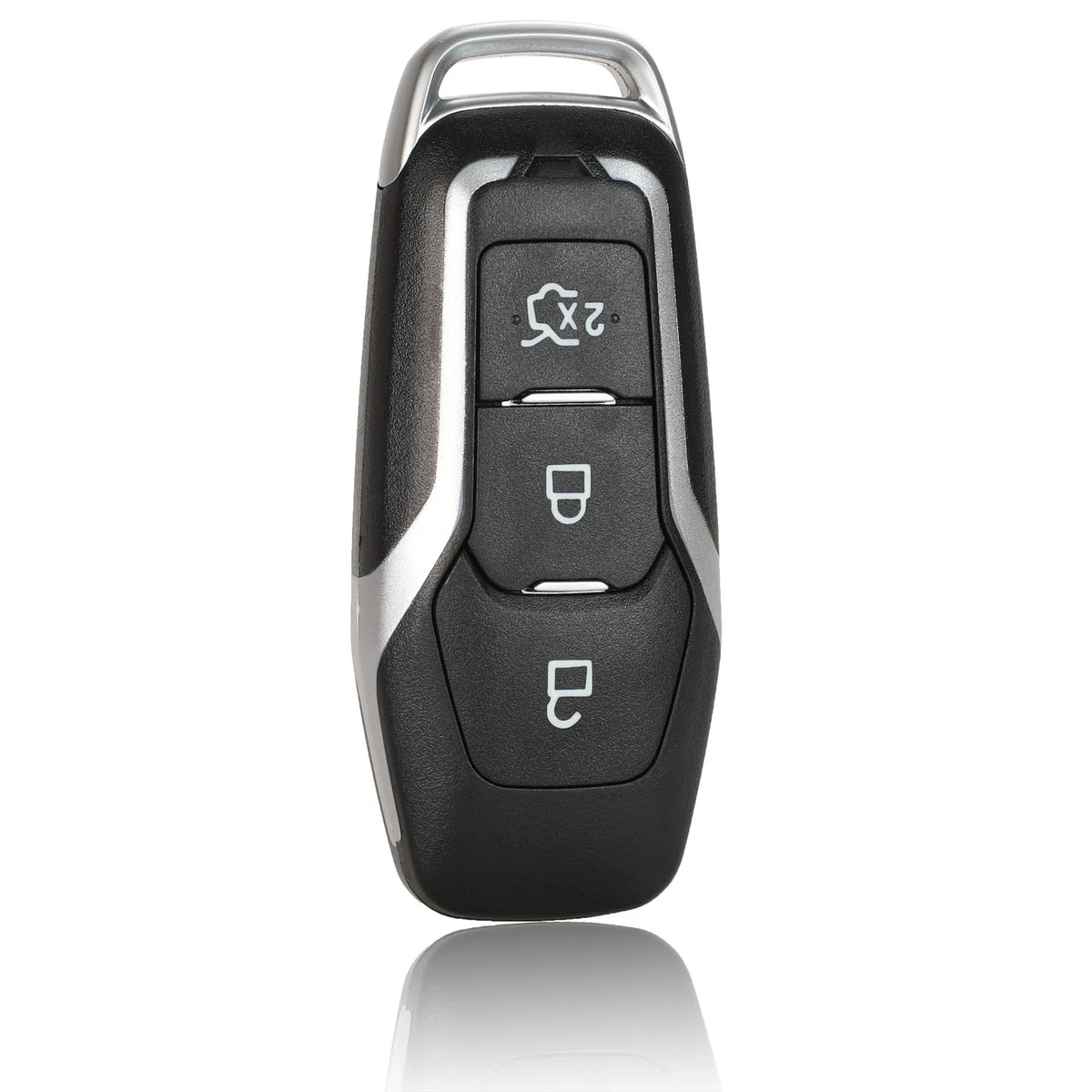 A black Ford smart key replacement shell with a silver grip and two cut blade slots.