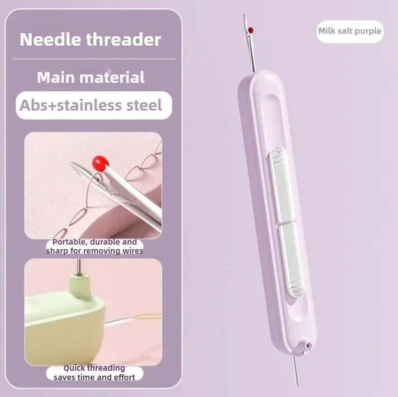 A pink needle threader tool made of ABS and stainless steel with a sharp point for removing wires.
