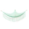 A teal mesh hammock with fringe is shown, designed as a hanging organizer for plush toys.