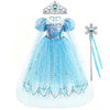 Light blue tulle princess party dress with a sparkly bodice and sheer overlay and a silver crown