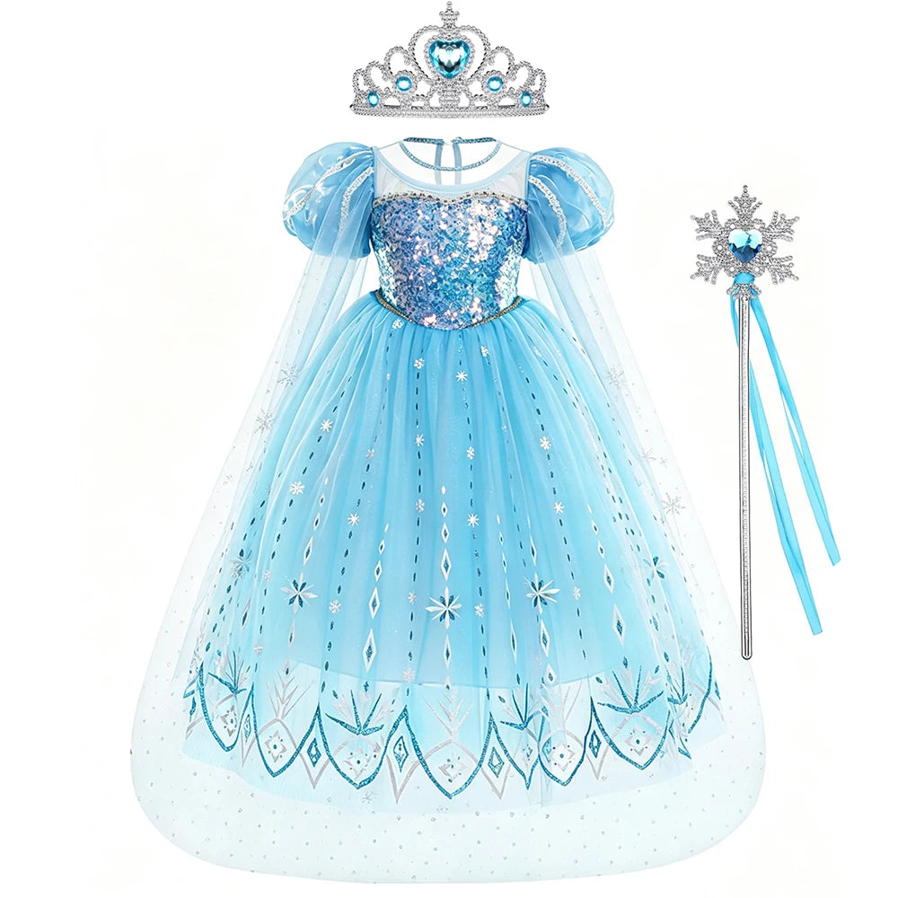 Light blue tulle princess party dress with a sparkly bodice and sheer overlay and a silver crown