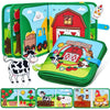 A green fabric book featuring farm animals and a red barn, designed for toddlers.