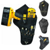 A heavy-duty drill holster with a yellow and black tool and belt storage pocket shown in various views.