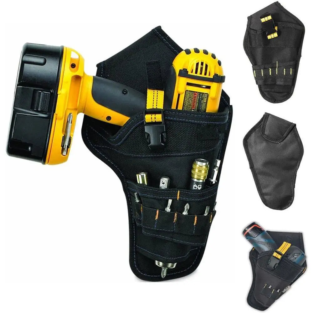 A heavy-duty drill holster with a yellow and black tool and belt storage pocket shown in various views.