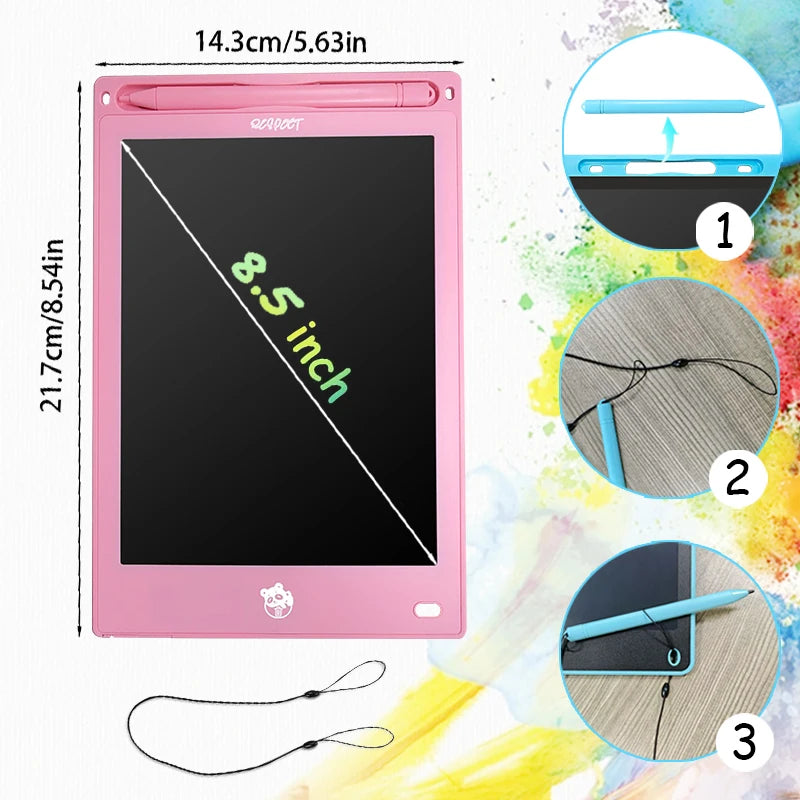 A pink LCD writing tablet with a black screen and stylus pen is shown alongside its accessories.