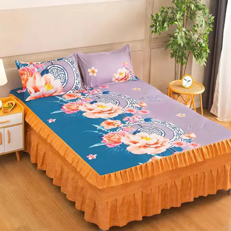 Elegant Elastic Fitted Bed Sheet Set with Lace Skirt and Pillowcases
