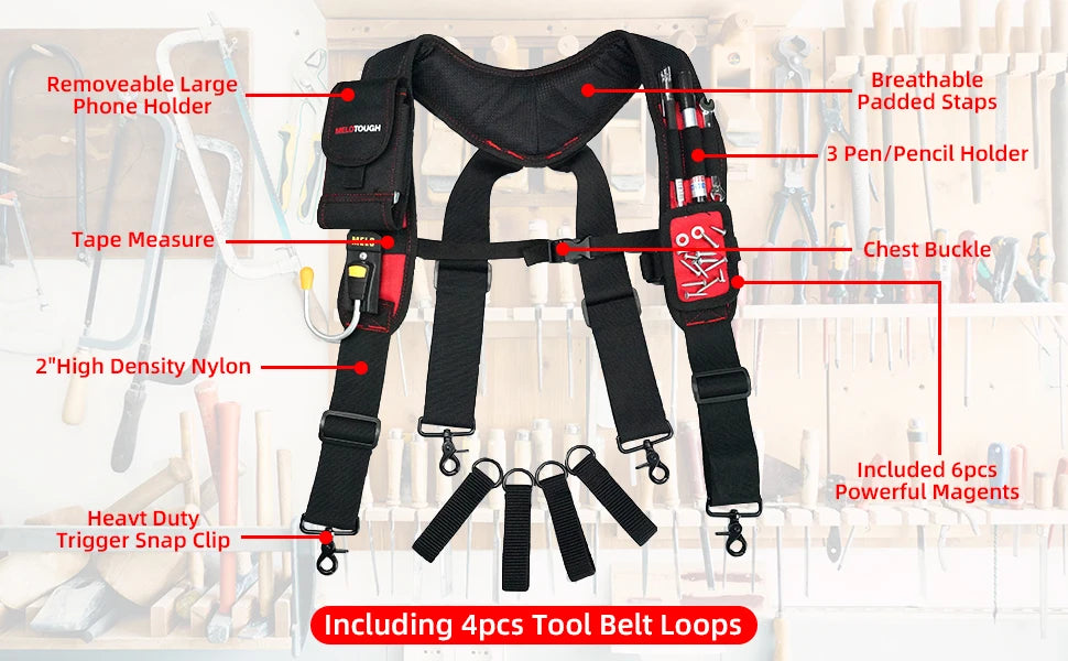 A black magnetic tool belt featuring removable holders, tape measure, and various tool loops.
