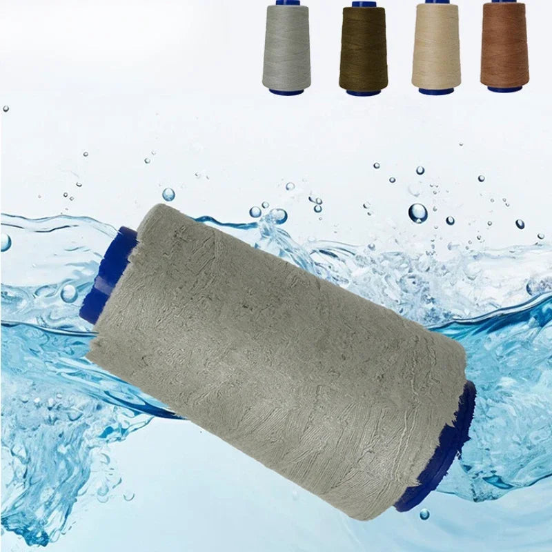 A roll of gray heavy-duty waterproof bonded polyester thread is shown being immersed in clear water.