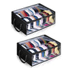 A black collapsible storage box filled with folded hats and accessories.