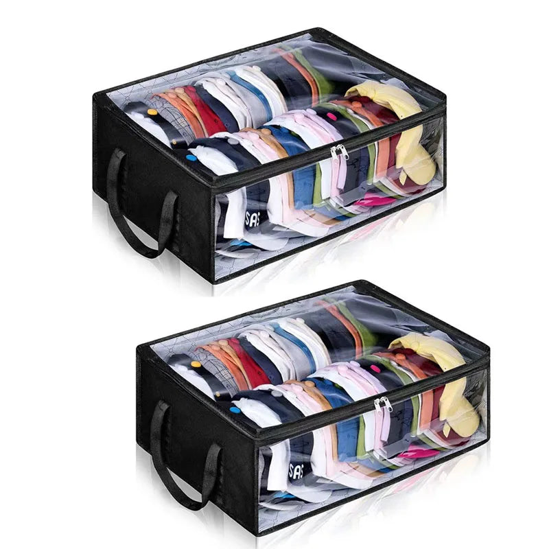 A black collapsible storage box filled with folded hats and accessories.