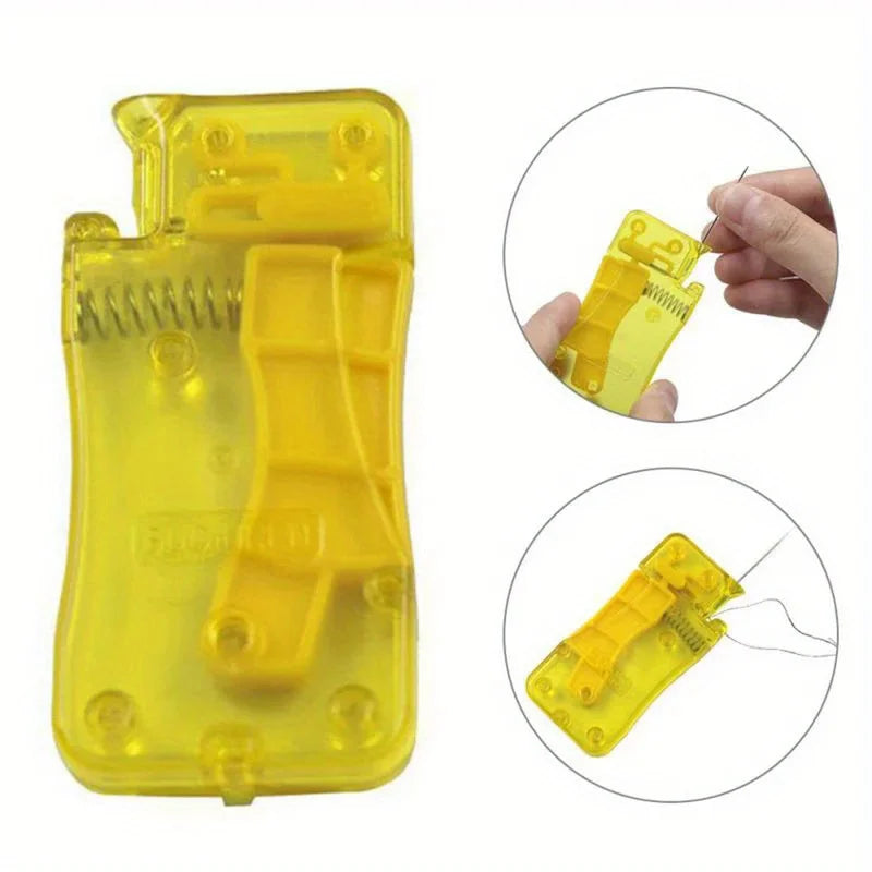 A yellow automatic needle threader tool shown in full view and close-up detail.