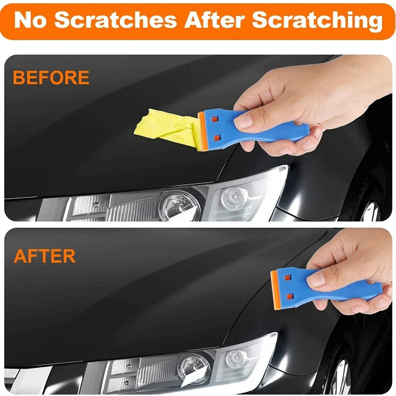 A hand uses a blue plastic razor scraper to remove scratches from a black car surface.