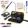 A soldering iron kit with a yellow case, multiple tips, and accessories for electronics work.