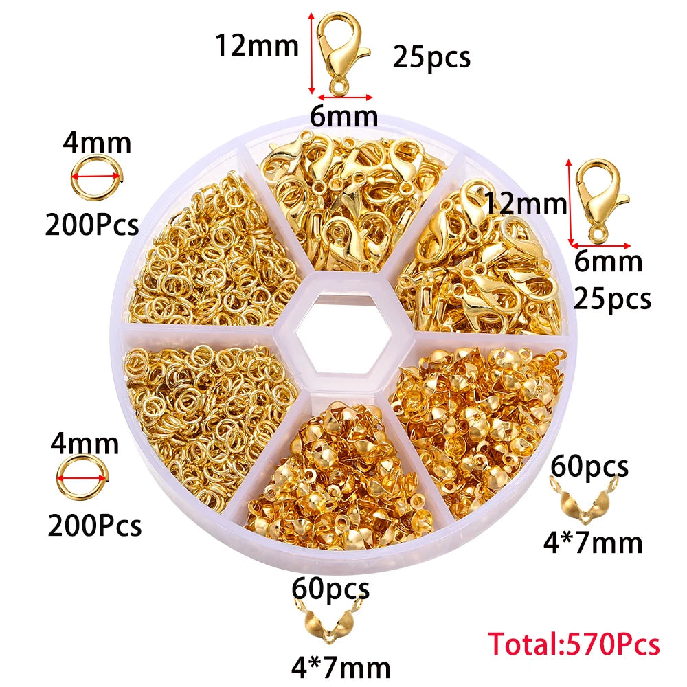 Jewelry making kit containing gold jump rings, lobster clasps, and crimps in various quantities.