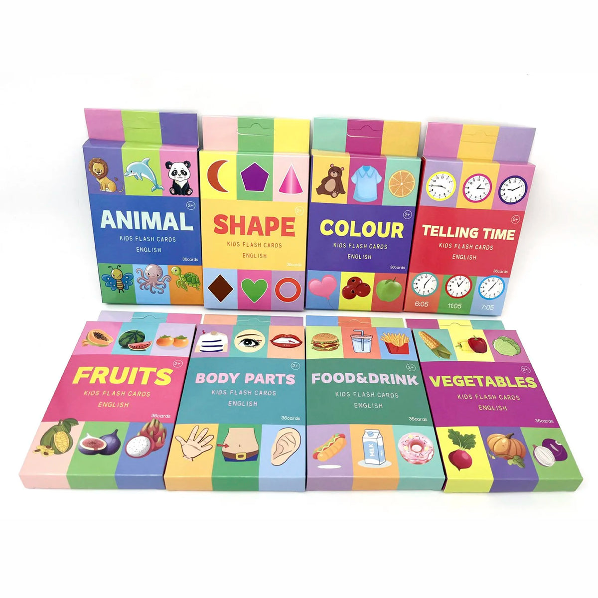 A set of colorful flash cards divided into categories like Animal, Shape, Colour, Telling Time, Fruits, Body Parts, Food & Dr