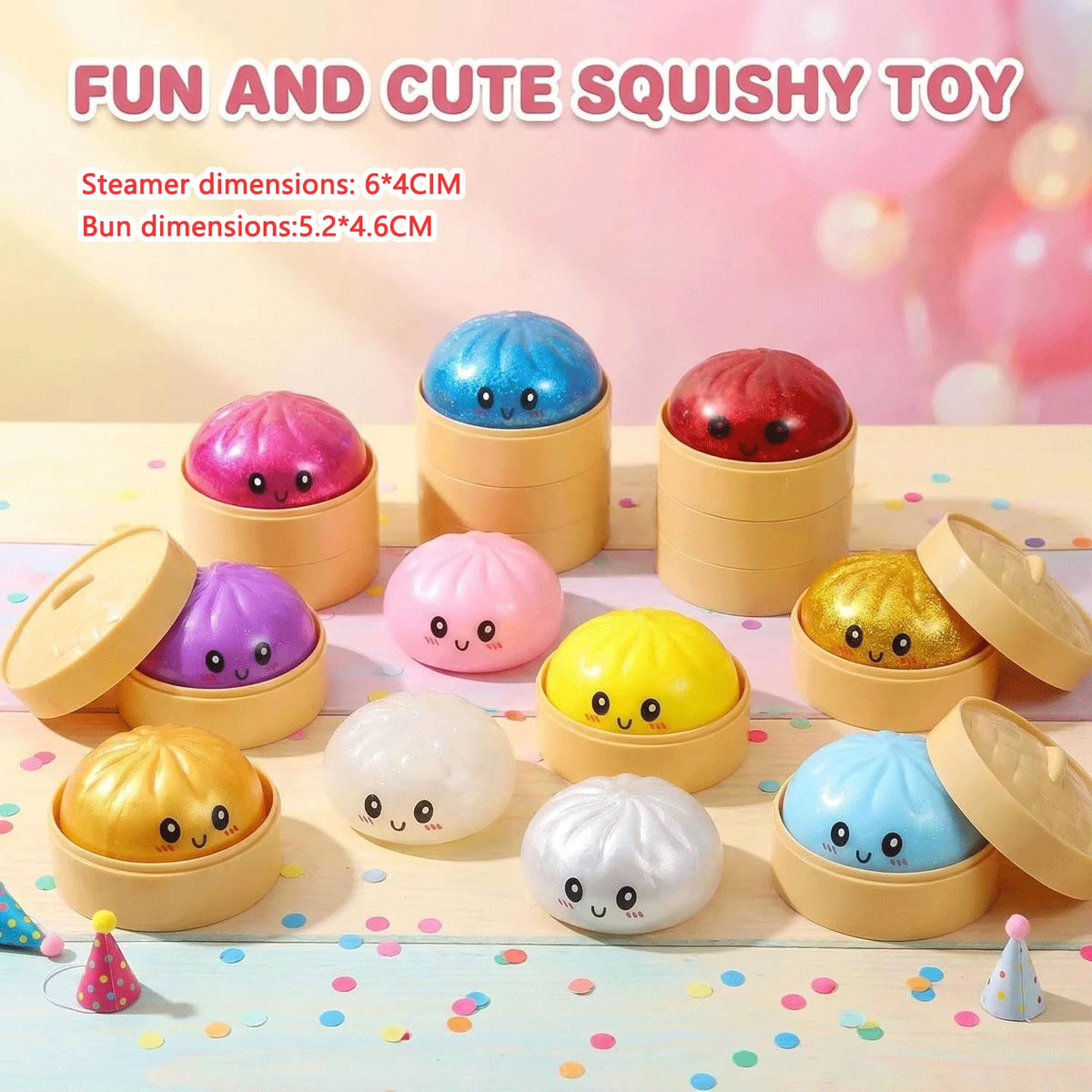 A collection of colorful squishy toys in various shapes and colors displayed on a light wooden surface.