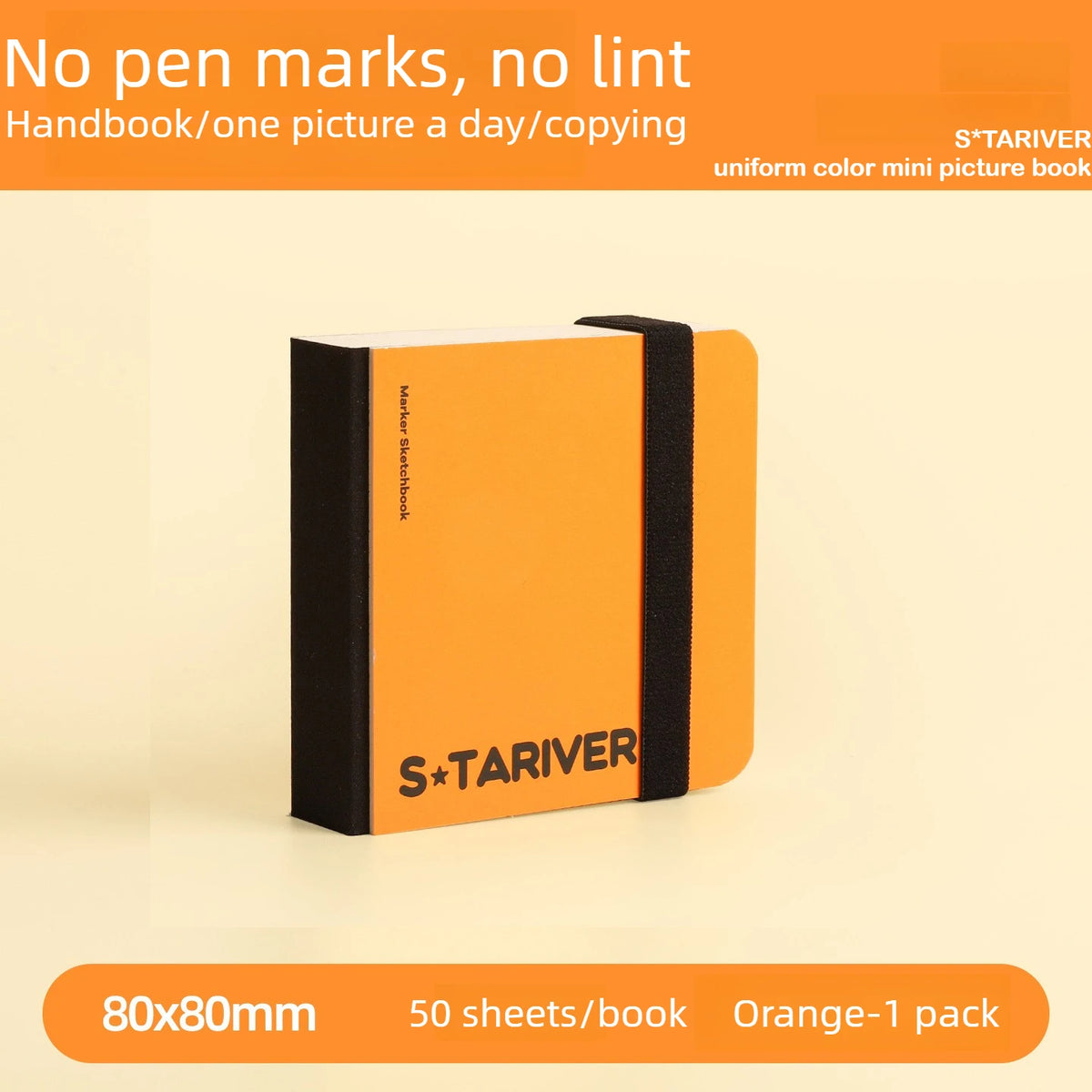 Orange mini picture book with black cover and S*TARIVER branding, showing 50 sheets per book.