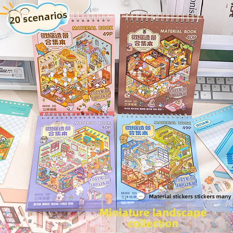 A collection of three material books featuring miniature 3D landscapes and stickers for crafting.