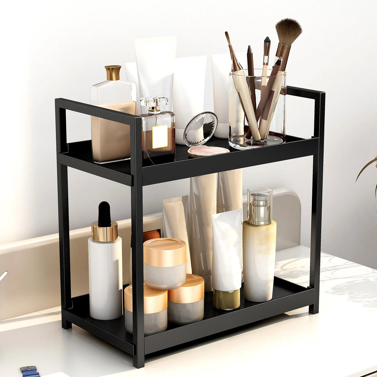 2-Tier Metal Desktop Organizer Rack for Cosmetics, Office Supplies & Bathroom Essentials