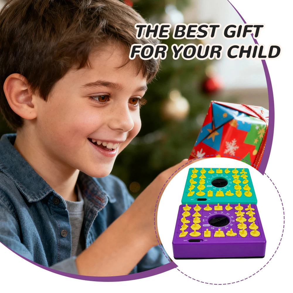 A boy is smiling while holding a colorful gift box and a purple shape matching puzzle game for children.