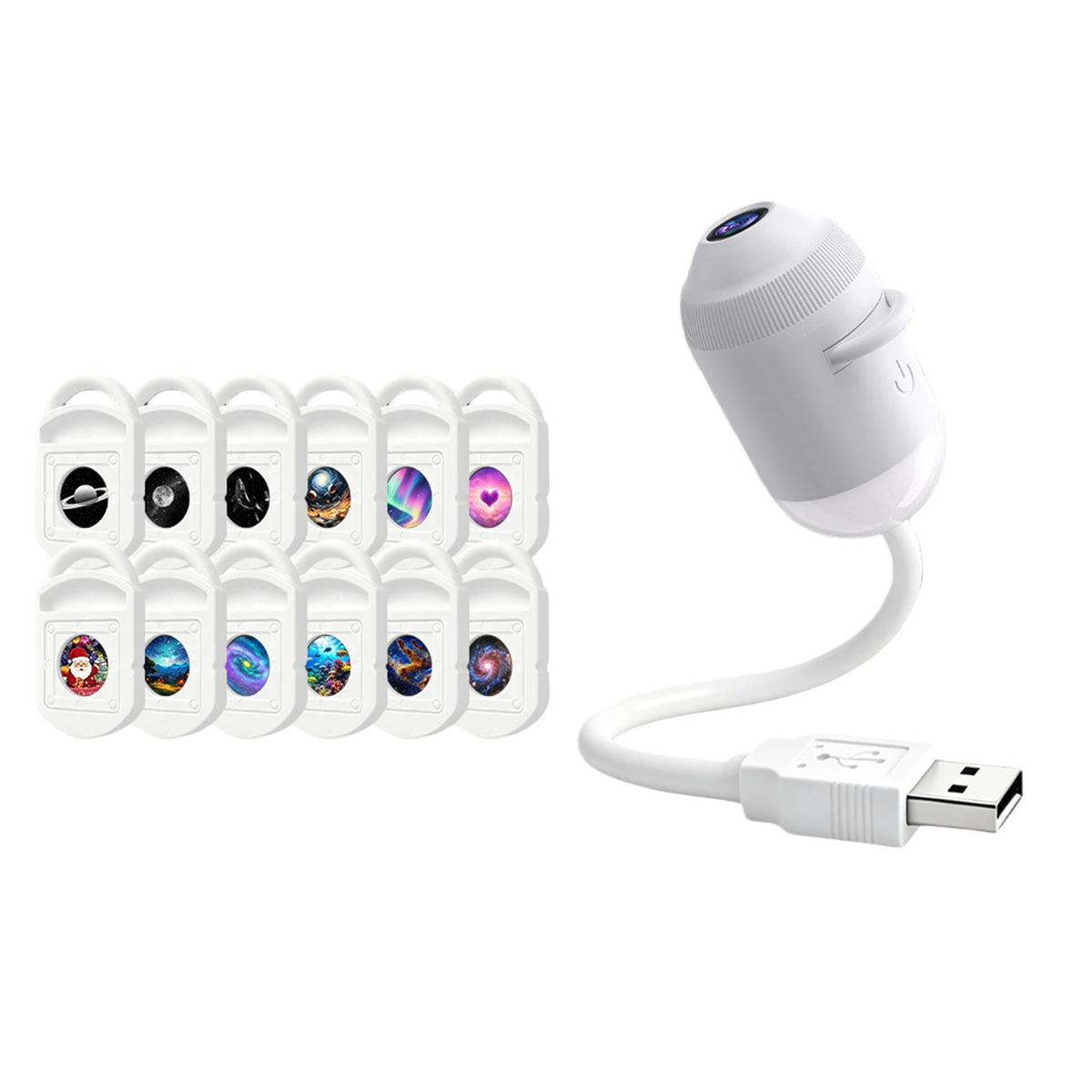 A white 2-in-1 mini galaxy star projector night light with multiple colored light patterns displayed on a row of lenses.