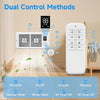A white smart vent booster fan is shown with a remote control and various mode buttons for fan operation and timer settings.