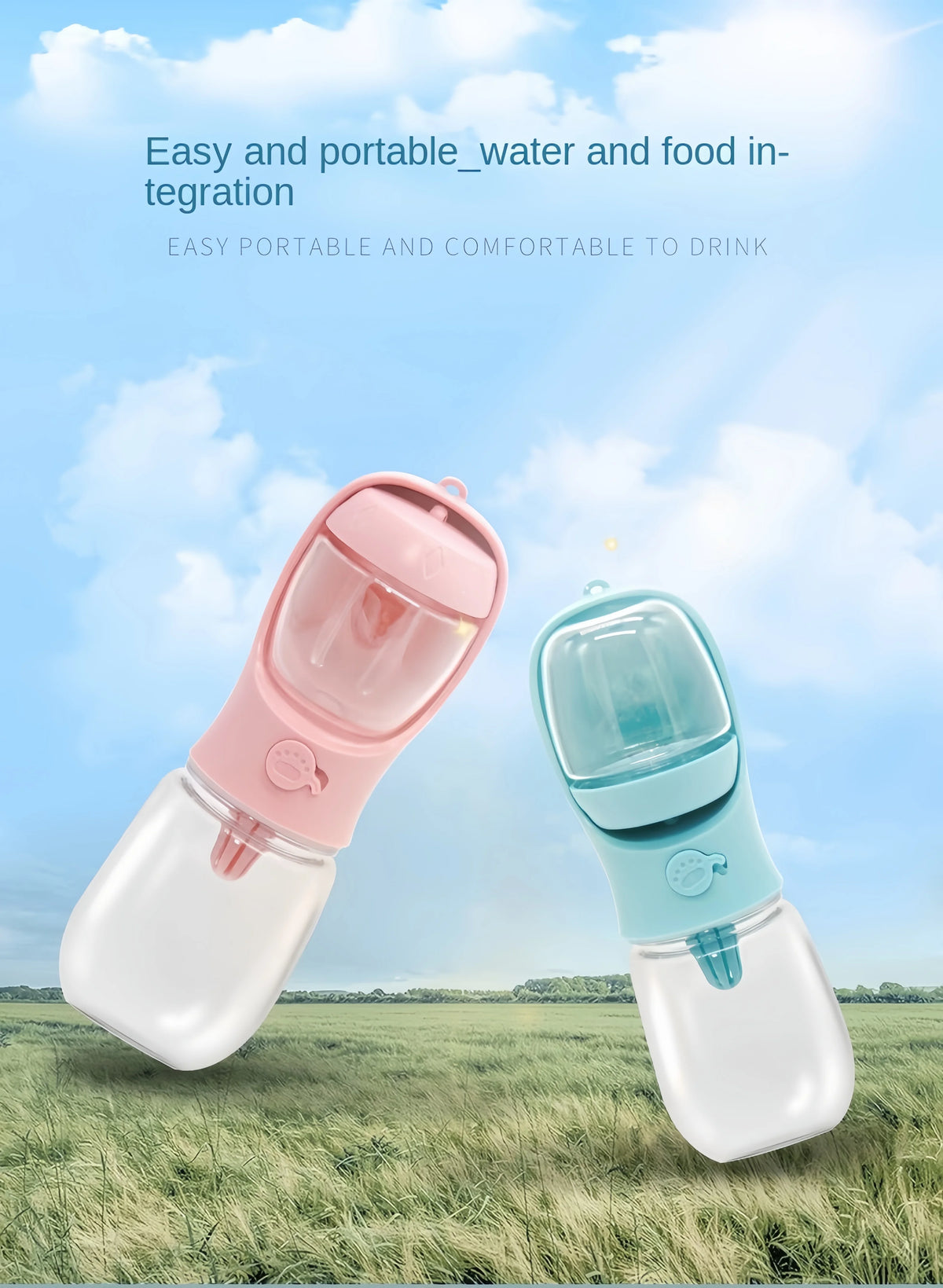 Two clear and pink/blue portable bottles for easy water and food integration shown outdoors